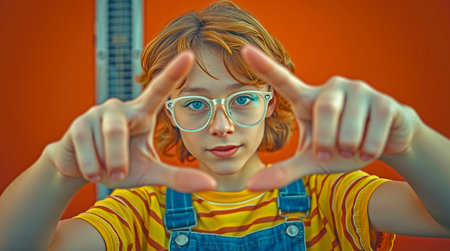 A cute young girl with short ginger hair and eyeglasses smiles as she frames her face with her fingers creating a picture framing gesture against an orange background while wearing a striped shirt and overalls The scene evokes a sense of youthful optimism and creativityの素材