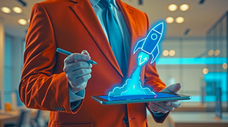 An executive in an orange business suit holds a tablet displaying a rocket launch illustration The illustration symbolizes business startup success innovation and the entrepreneurial spirit Represents the concept of modern technology business creativity and reaching new heightsの素材
