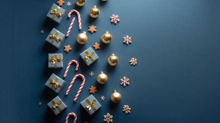 A flat lay arrangement of Christmas decorations Includes pastel gift boxes with golden ribbons red and white striped candy canes golden ornaments and star shaped cookies scattered on a plain blue surface The image suggests a festive holiday celebration gift giving and seasonal cheerの素材