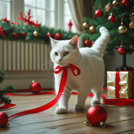 A beautiful white cat with a striking red ribbon stands gracefully amidst festive holiday decorations including a Christmas tree ornaments and wrapped gifts The warm lighting and soft focus create a magical atmosphere perfect for the holiday season The background is out of focus creating depth to this holiday sceneの素材