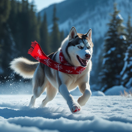A beautiful husky dog is running through a snowy landscape with a red scarf around its neck The dog is happy and its tongue is out There are trees and a mountain in the background on a bright dayの素材