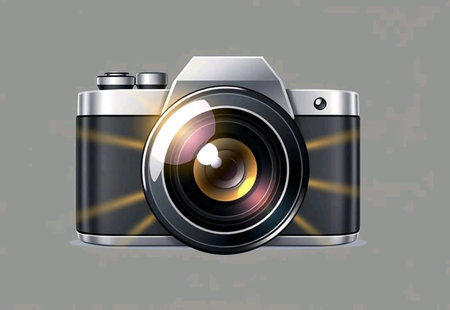 A detailed illustration of a digital camera with a large lens and a metallic silver and black finish The lens has light reflections and detailed rings The overall design is clean and modern perfect for graphic design projectsの素材