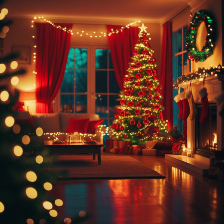 A beautifully decorated living room showcasing a Christmas tree adorned with red ornaments and twinkling lights The cozy room features stockings hung by the fireplace presents underneath the tree and a warm inviting atmosphere perfect for the holidays during the festive seasonの素材