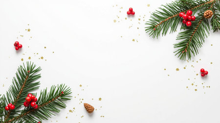 A festive Christmas scene with evergreen fir branches adorned with vibrant red berries and tiny golden stars against a clean white background The composition creates a frame leaving ample space for text or graphics Perfect for holiday greetings invitations or website bannersの素材