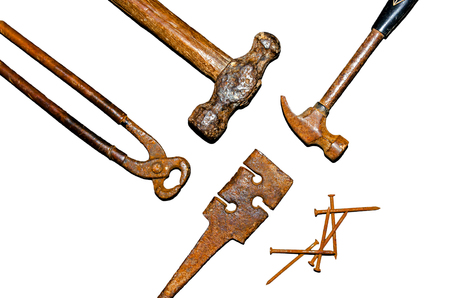 Craftsman tool and hammer, pliers, wrench, nail, rasp with white background