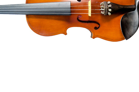 The violin on white background for isolated with clipping path, Close up of violin on white background for cut of, Top view of violin musical for isolatedの写真素材