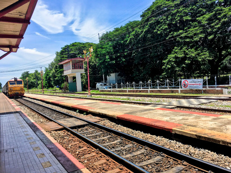 The train was parked at train station with railway. Train station at (Hua Hin, Thailand) on August 7th, 2017のeditorial素材