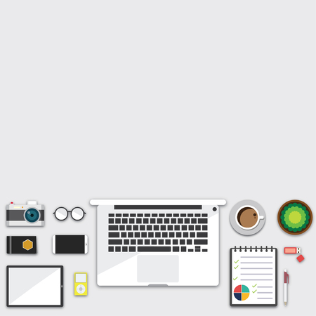 Top view of table working and working desk and free space for text with accessory on the table, laptop, notebook, phone, camera, pen, coffee cup, glasses, flowerpot, wallet, flash drive, tabletのイラスト素材