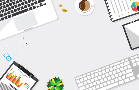 Top view of table working and working desk and free space for text with accessory on the table, laptop, notebook, keyboard, phone, pen, coffee cup, flowerpot, flash drive, noteのイラスト素材