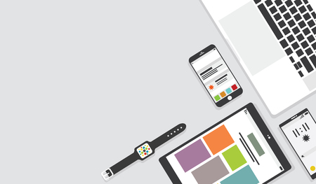 Top view of table working and working desk with gadget and free space for text with accessory on the...