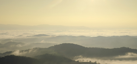 Landscape of mountain with the clouds and fog, Top view of the haze on the mountain, The foggy...