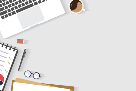 Top view of table working and working desk with gadget and free space for text with accessory on the table, notebook, note, laptop, tablet, glasses, coffee cupのイラスト素材