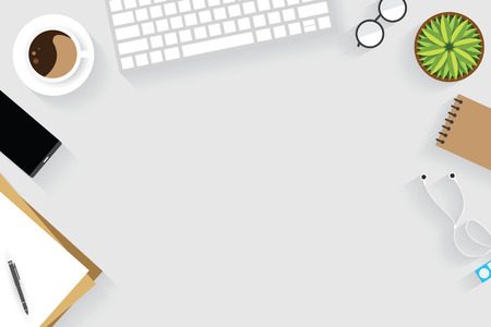 Top view of table working and working desk with gadget and free space for text with accessory on the table, note, keyboard, pencil, phone, flowerpot and coffee cupのイラスト素材
