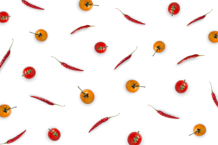 Wallpaper and background of raw material with dried chili and tomato, Fresh ingredient and material with dried chili and tomato on the white background.の写真素材