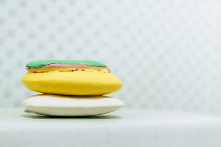 Close-up of soap and colorful soap in the toilet and bathroom, Layer of soap and stack of colorful soap.の写真素材