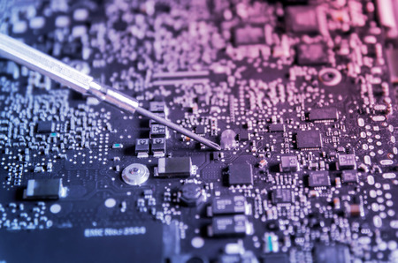 Close-up of circuit board and electronic computer hardware, Repairing technology of computer and...