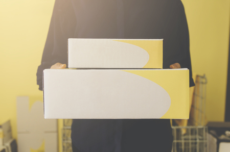 Close-up of parcel box and hand holding a package, Delivery concept and shipping of parcel, mail and box with hand, A human hand holding mail box for delivery, Prepare parcel or package for shipping.の写真素材