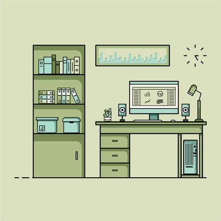 Working table flat design, Concept of working desk interior with furniture. Work room with computer, desktop, table, chair, book, and stationary equipment. Work from home or work at an office. Cartoon illustration of a working space with furniture.のイラスト素材