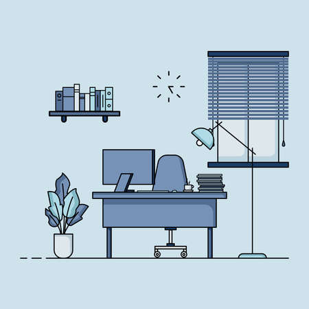 Working table flat design, Concept of working desk interior with furniture. Work room with computer, desktop, table, chair, book, and stationary equipment. Work from home cartoon illustration.のイラスト素材
