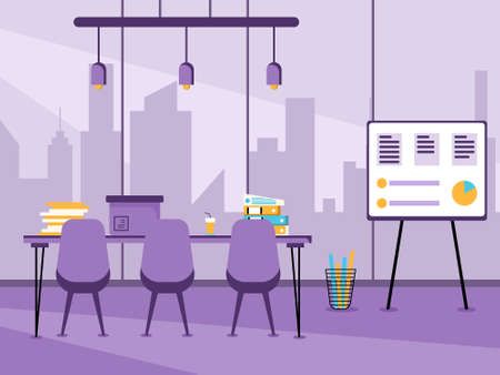 Workplace and work station flat design, Concept of working desk or office interior with furniture. Modern office room with computer, desktop, table, chair, and stationary equipment.のイラスト素材