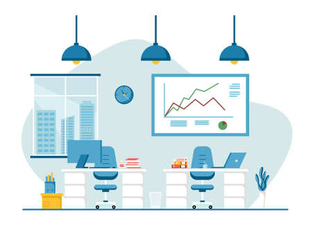 Workplace and work station flat design, Concept of working desk or office interior with furniture. Modern office room with computer, table and equipment. Work from home illustration.のイラスト素材