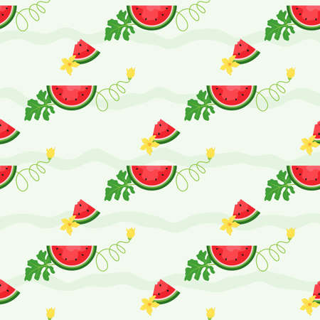 Watermelon and juicy slices vector, flat design of green leaves and flower and watermelon juice...
