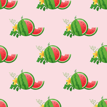 Watermelon background and seamless pattern, flat design of green leaves and flower and watermelon juice illustration, Fresh and juicy fruit concept of summer food.のイラスト素材
