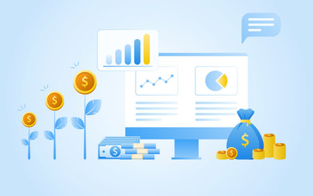 Financial management concept and investment, Flat design of payment with money, cash, banknote, calculator and credit card. Vector Illustration and banner template.のイラスト素材
