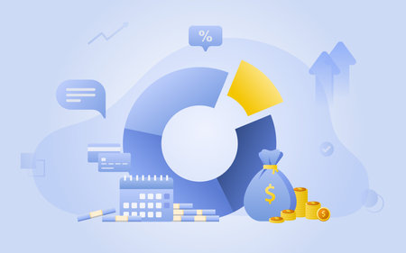 Financial management concept and investment, Flat design of payment with money, cash, banknote, calculator and credit card. Vector Illustration and banner template.のイラスト素材