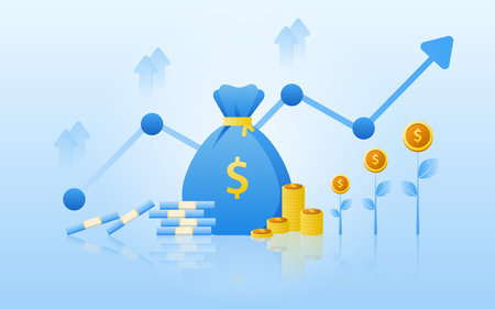 Financial management concept and investment, Flat design of payment with money, cash, banknote, calculator and credit card. Vector Illustration and banner template.のイラスト素材