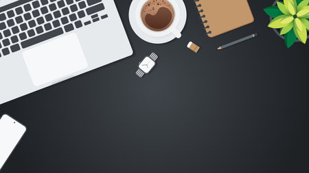 Cover and banner of working desk with gadget. Top view of table working and free space for text with...