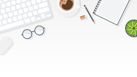 Cover and banner of working desk with gadget. Top view of table working and free space for text with computer, laptop, notebook, coffee cup, phone and paper.のイラスト素材