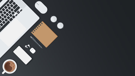 Cover and banner of working desk with gadget. Top view of table working and free space for text with...