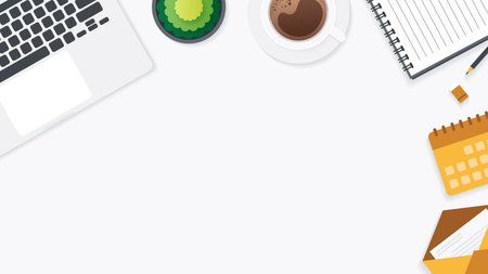Cover and banner of working desk with gadget. Top view of table working and free space for text with computer, laptop, notebook, coffee cup, phone and paper.のイラスト素材
