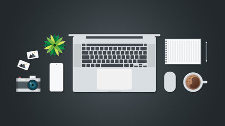 Cover and banner of working desk with gadget. Top view of table working and free space for text with computer, laptop, notebook, coffee cup, phone and paper.のイラスト素材