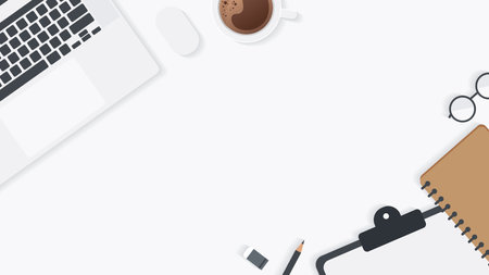 Cover and banner of working desk with gadget. Top view of table working and free space for text with computer, laptop, notebook, coffee cup, phone and paper.のイラスト素材