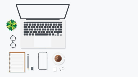 Cover and banner of working desk with gadget. Top view of table working and free space for text with...