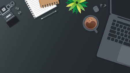 Cover and banner of working desk with gadget. Top view of table working and free space for text with computer, laptop, notebook, coffee cup, phone and paper.のイラスト素材