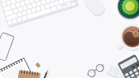 Cover and banner of working desk with gadget. Top view of table working and free space for text with computer, laptop, notebook, coffee cup, phone and paper.のイラスト素材
