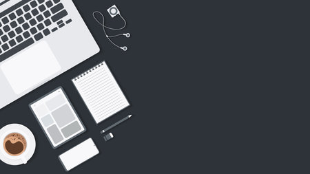 Cover and banner of working desk with gadget. Top view of table working and free space for text with computer, laptop, notebook, coffee cup, phone and paper.のイラスト素材