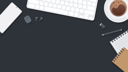 Cover and banner of working desk with gadget. Top view of table working and free space for text with computer, laptop, notebook, coffee cup, phone and paper.のイラスト素材