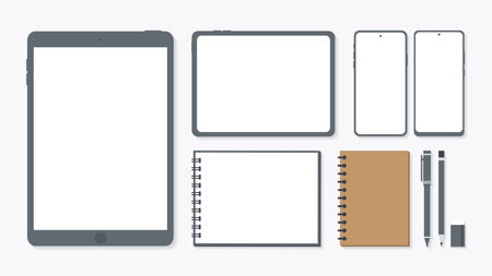 Cover and banner of working desk with gadget. Top view of table working and free space for text with computer, laptop, notebook, coffee cup, phone and paper.のイラスト素材