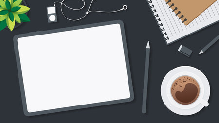 Cover and banner of working desk with gadget. Top view of table working and free space for text with computer, laptop, notebook, coffee cup, phone and paper.のイラスト素材