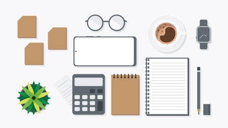 Cover and banner of working desk with gadget. Top view of table working and free space for text with computer, laptop, notebook, coffee cup, phone and paper.のイラスト素材