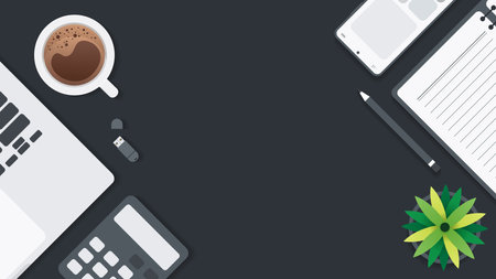 Cover and banner of working desk with gadget. Top view of table working and free space for text with...
