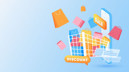 Online shopping concept, templates for online marketing and shopping. Flat design of online shopping with campaign, discount, promo, and sales. Digital marketing for web design, banner, landing page.のイラスト素材