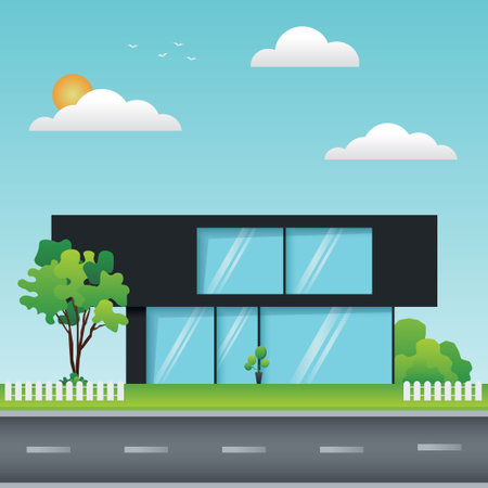 Modern houses or residential buildings surrounded by trees, sky, clouds, and ground. Exterior designs of modern homes and architecture â a flat design vector illustration of townhouses and apartments.のイラスト素材