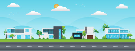 A set of four modern houses or residential buildings surrounded by trees, sky, clouds, and ground. Exterior designs of modern homes and architecture â a flat design vector illustraのイラスト素材