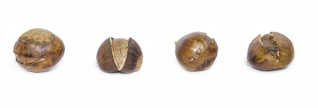 Peeled roasted chestnut on white background. Snacks from China