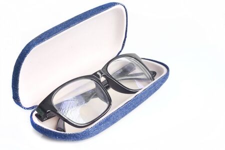 Black Eye Glasses in case on white background.の写真素材